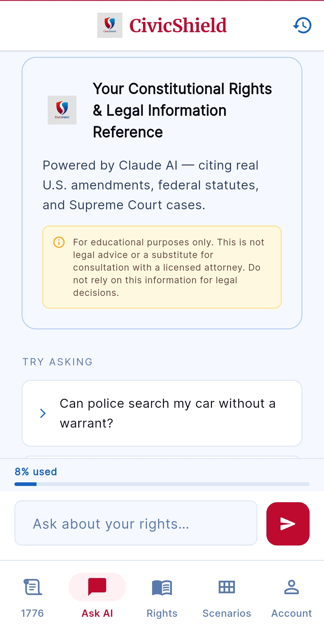 CivicShield AI Chat — ask questions about your constitutional rights